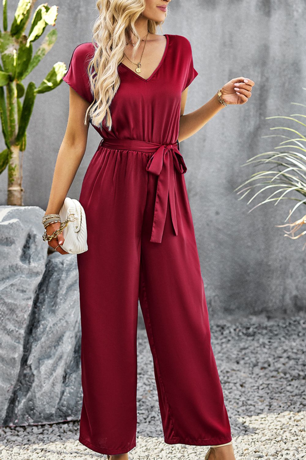 Tie Belt V-Neck Short Sleeve Jumpsuit