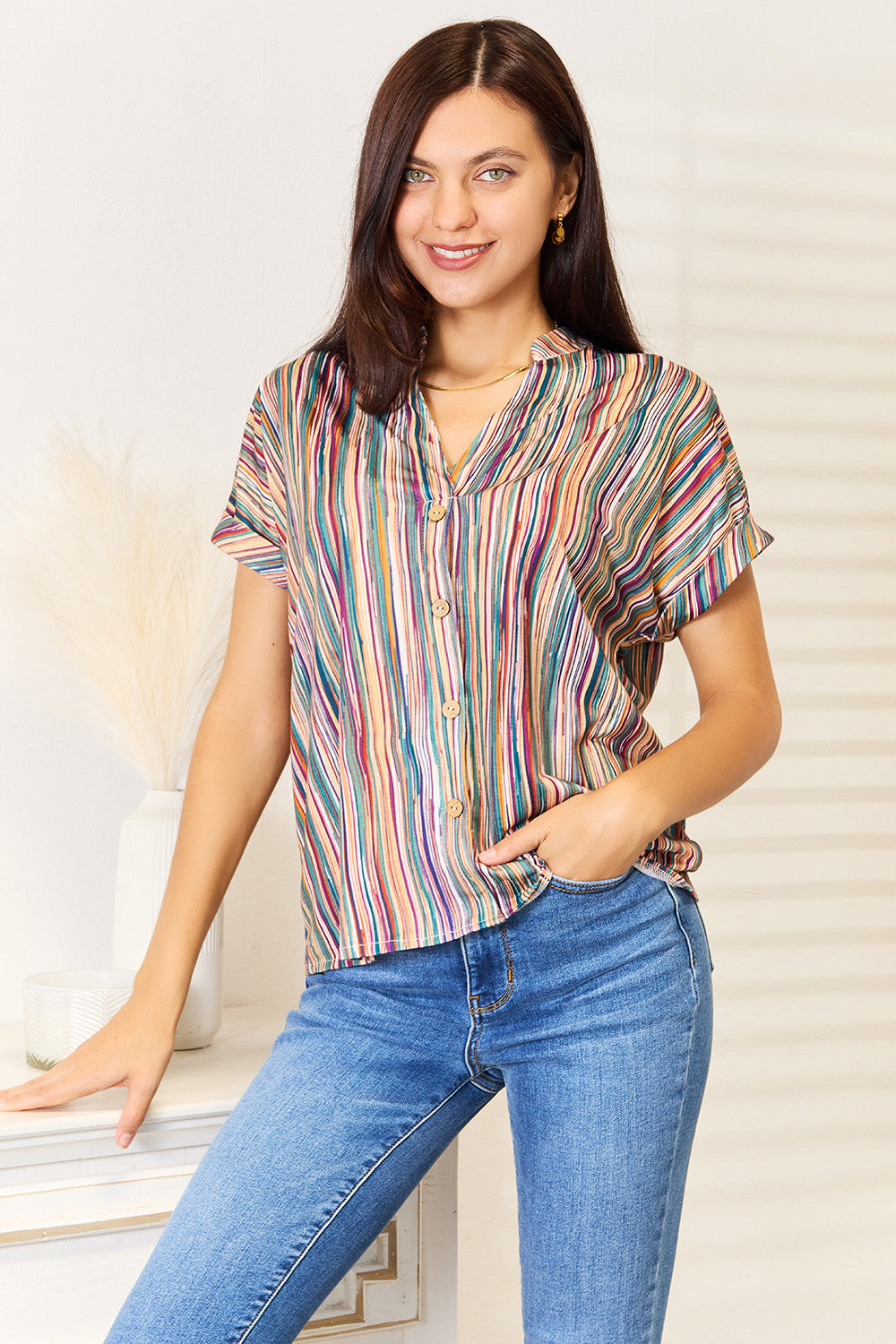 Multicolored Stripe Notched Neck Top