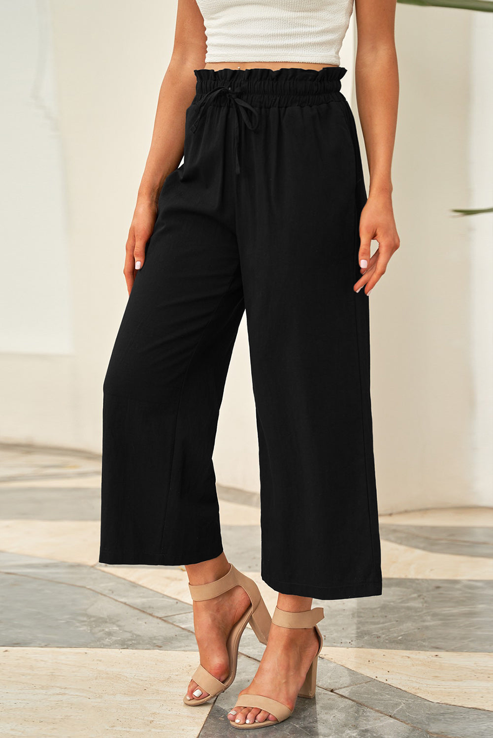 Drawstring Paperbag Waist Wide Leg Pants