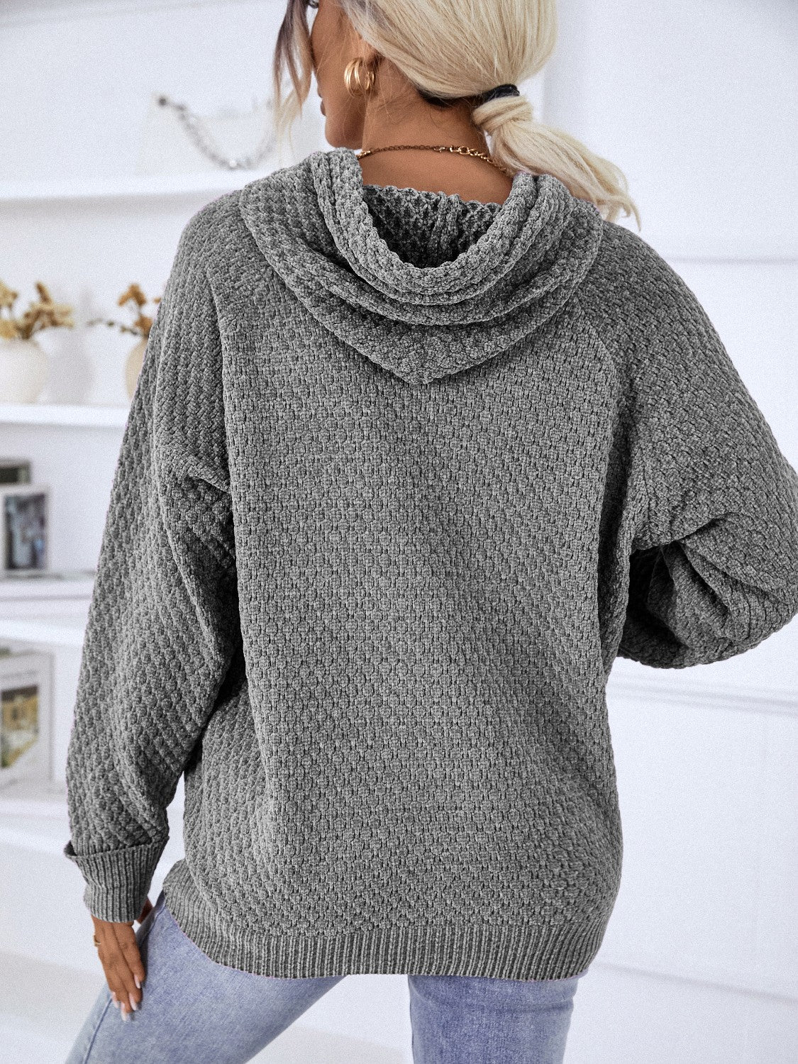 Texture Drawstring Long Sleeve Hooded Sweater